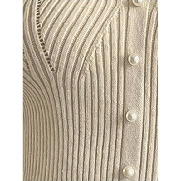 Women's V Neck Lace Sweater Long Sleeve Pearl Beaded Rib Knit Top - Picture 6 of 6